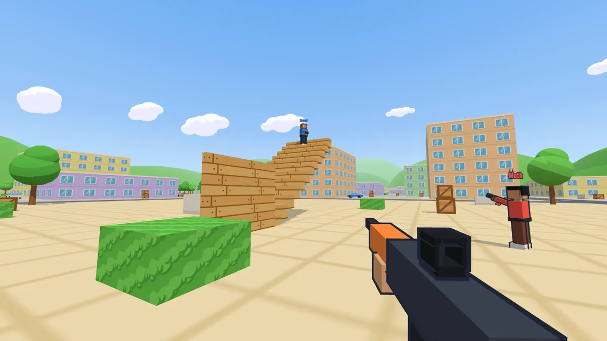 Red and blue players fighting around stairs one of them just built, in the town square